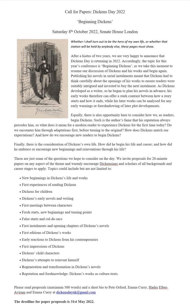 We're very happy to announce that Dickens Day is back! 

Join us in London on 8th October 2022 for 'Beginning Dickens'. CFP below: (1/4)