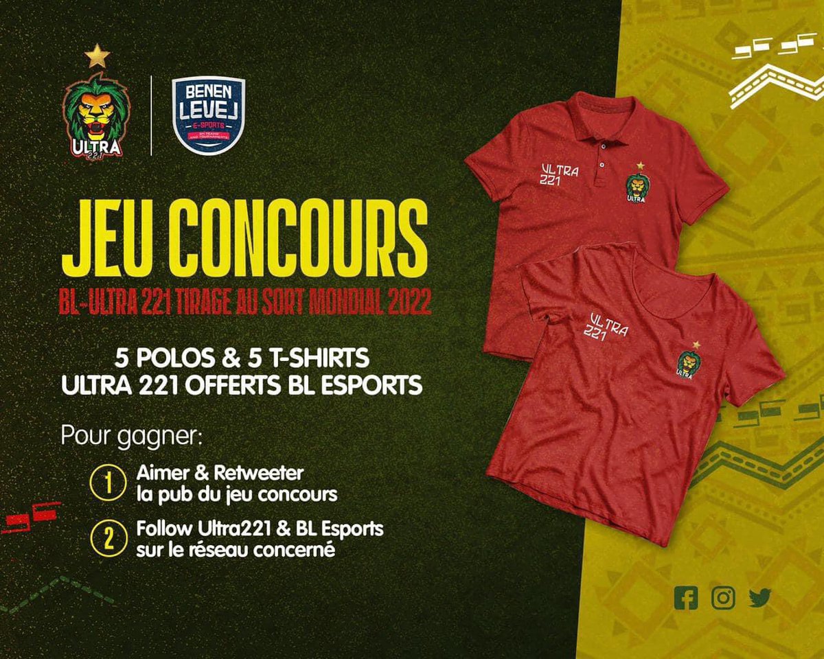 Ultra221Senegal's tweet photo. Félicitations🥳🥳 aux gagnants du jeu concours @Esports_BL221 / @Ultra221Senegal !!!

@Souleyy23
@ibnouthiam1001
@BiramaDiagne1
@unrenoissauvage

Merci nous contacter en DM pour la livraison de vos récompenses (T Shirt ou Polo). https://t.co/jlUsZTHP19
