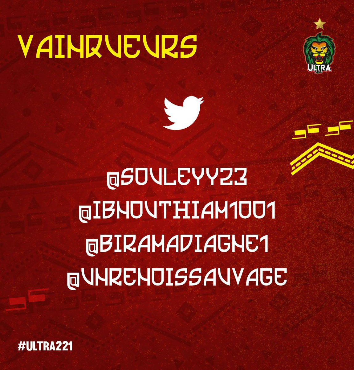 Ultra221Senegal's tweet photo. Félicitations🥳🥳 aux gagnants du jeu concours @Esports_BL221 / @Ultra221Senegal !!!

@Souleyy23
@ibnouthiam1001
@BiramaDiagne1
@unrenoissauvage

Merci nous contacter en DM pour la livraison de vos récompenses (T Shirt ou Polo). https://t.co/jlUsZTHP19