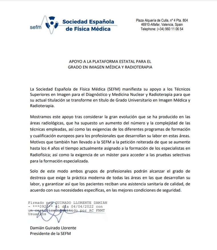 Recogemos nuevo apoyo para TODOS los #TSID Y #TSRT 

GRACIAS @SEFM15 Máster + RFIR 4 años para físicos.

Apoyo unánime de las Soc. Científicas relacionadas con nuestra profesión.

Técnicos de #Radiología y #Radioterapia deben formarse en Universidad.

#SeGrado