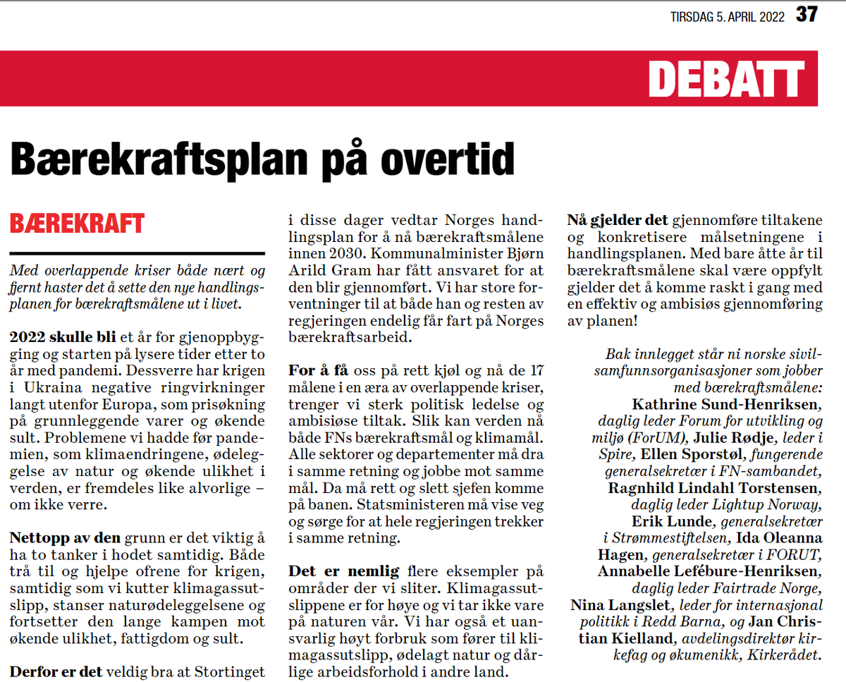 I dag kommer ENDELIG Norges plan for hvordan vi skal nå bærekraftsmålene!
Med overlappende kriser både nært og fjernt haster det å sette planen ut i livet, skriver vi og åtte andre organisasjoner i <a href="/Dagsavisen/">Dagsavisen</a> i dag: