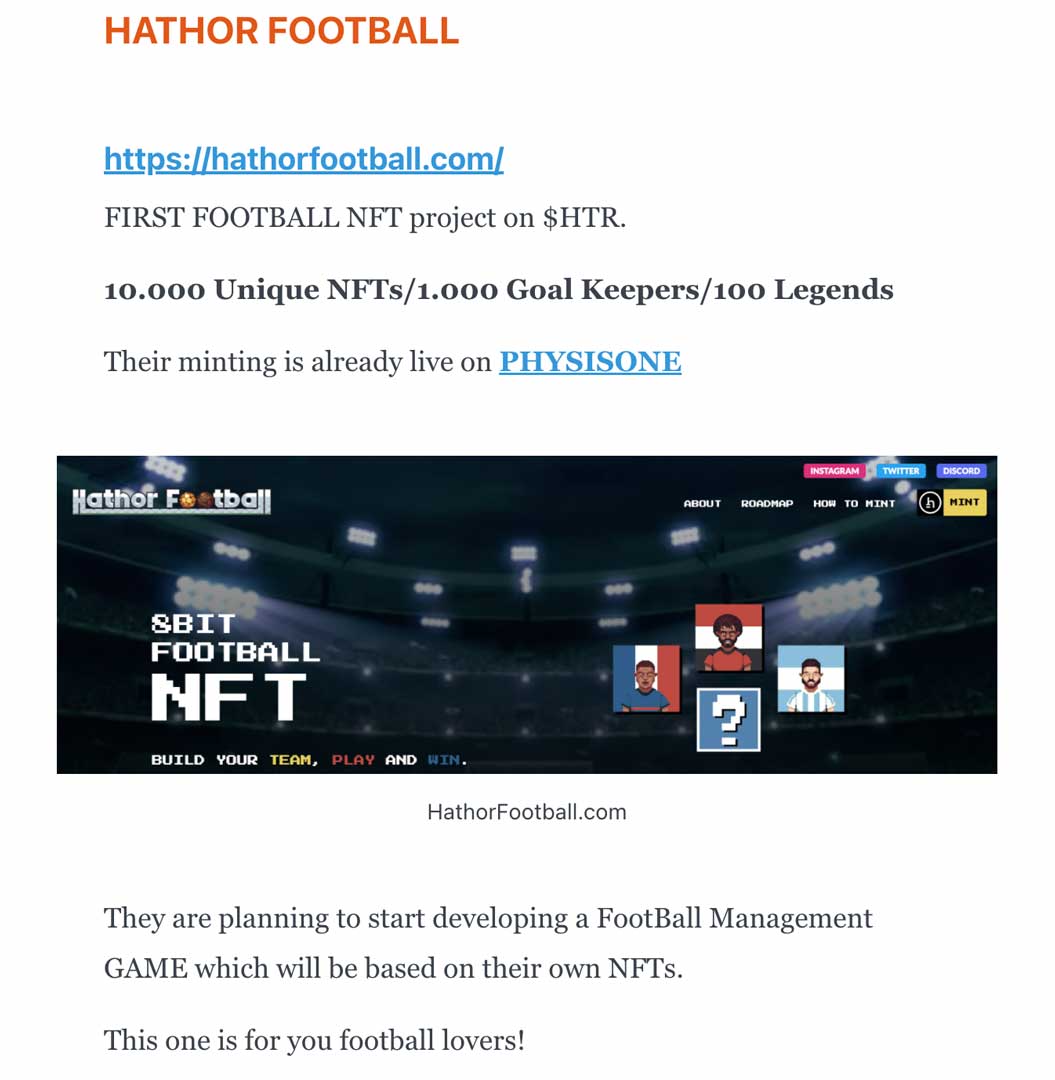 Moooom, we are in the media!! 

<a href="/HathorGuy/">Hathor Guy</a> just released his new newsletter - you can find there everything you need to know about $HTR ecosystem. 

Simple, fast and no gas fees - do you need sth more from a blockchain?

#HTR #ETH #AVAX #SOL #BTC <a href="/HathorNetwork/">Hathor Network</a> #nogasfee
