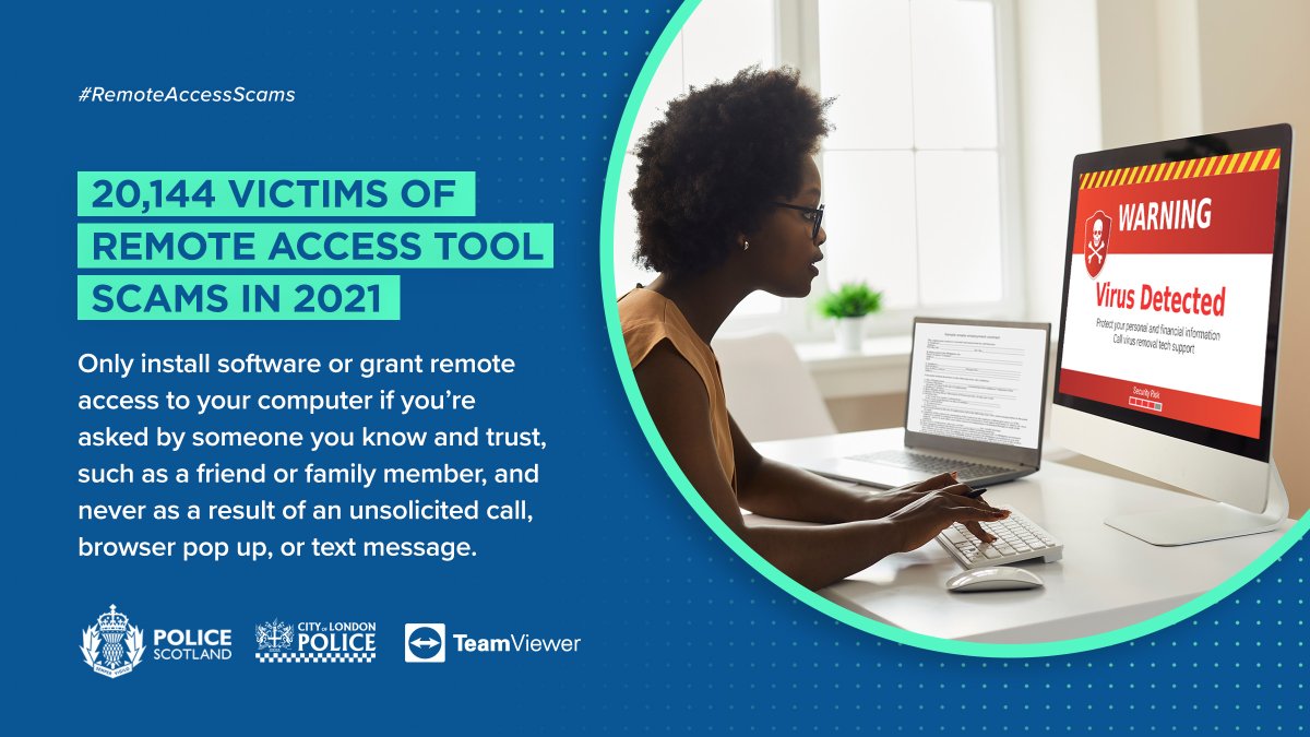 ⚠️ 20,144 people reported falling victim to scams that involved criminals remotely connecting to their computer.

✅ Never allow remote access to your computer following an unsolicited call, text message or browser pop-up. It’s probably a scam.

#RemoteAccessScams