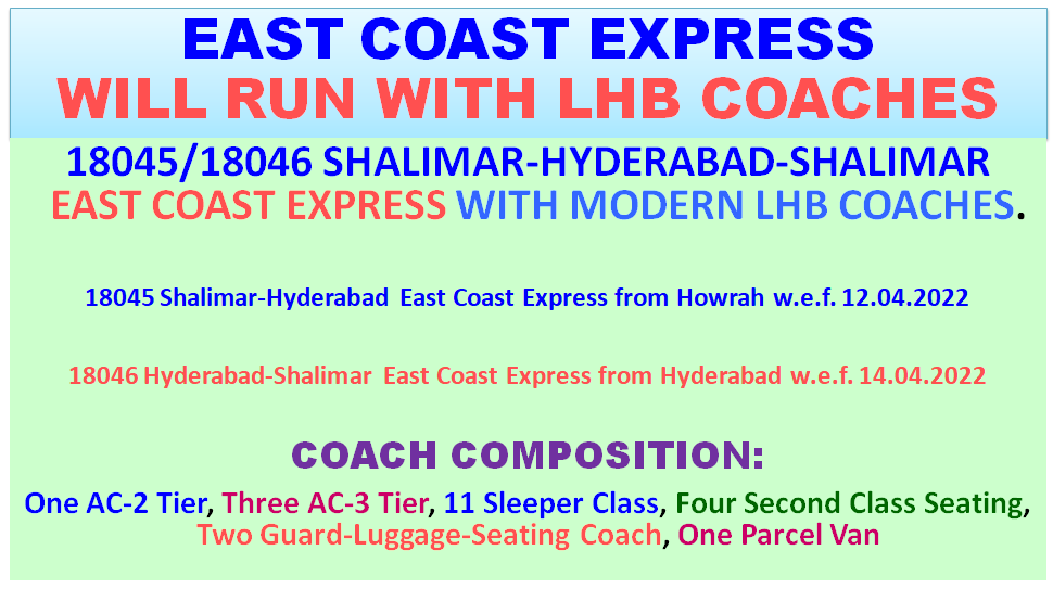 EastCoastRail's tweet photo. .@RailMinIndia 

#ECoRupdate  Train Alert !!!

18045/18046 Shalimar-Hyderabad-Shalimar East Coast Express will run with modern LHB Coaches as per the following ... 👇👇👇

@DRMKhurdaRoad @DRMSambalpur @DRMWaltairECoR https://t.co/KHUB7vU9Pl