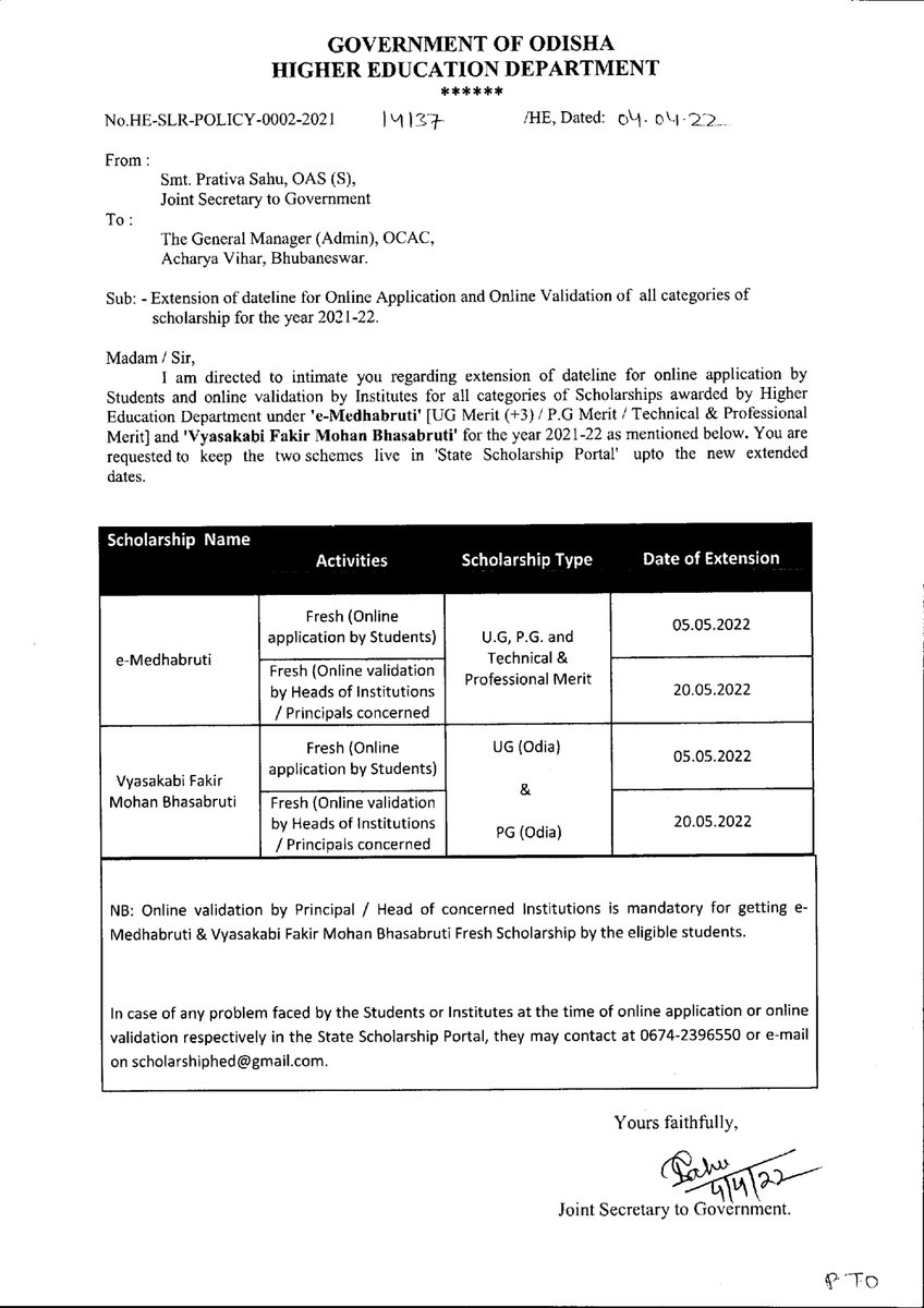 DHE_Odisha's tweet photo. The dateline for online application and validation for all categories of ‘e-Medhabruti’ &amp; ‘Vyasakabi Fakir Mohan Bhasabruti’ scholarship for the year 2021-22 has been extended as detailed below: https://t.co/1U1tINx47H
