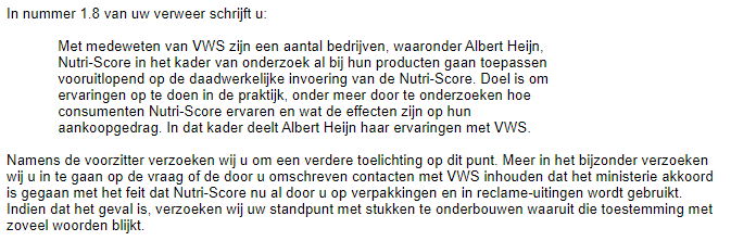 N.a.v. vervolgstappen klachtprocedure bij <a href="/StReclameCode/">StichtingReclameCode</a> : woordvoerder <a href="/MinVWS/">Ministerie van VWS</a> geeft in het stuk van <a href="/VMTredactie/">VMT</a> aan de <a href="/albertheijn/">Albert Heijn</a> aangesproken te hebben op reclamecampagne omtrent #nutriscore. Heeft de commissie ook oog voor dit bericht? 

Artikel VMT:bit.ly/3NMLwAK