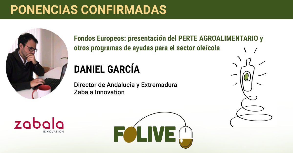 Continuamos con una intersantísima ponencia. Daniel García de <a href="/Zabala_IC/">Zabala Innovation Spain</a>  está ahora mismo hablando de los fondos europeos en #Folive2022. 
¡No te lo pierdas! 👇

Acceder a Folive ➡️ folive.vfairs.com/es/

#AOVE #aceituna #innovación #folive #aceitedeoliva #sostenibilidad