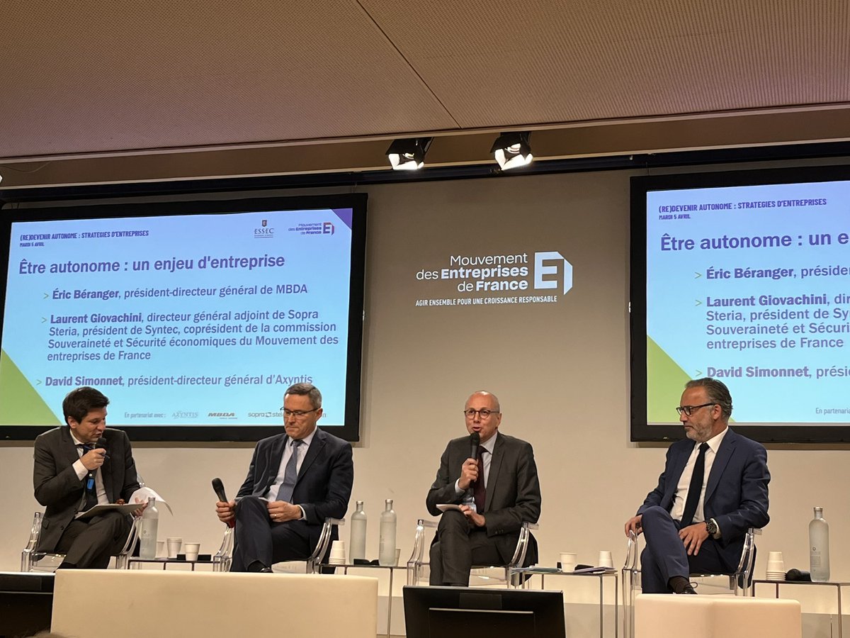 Stephanie Tison (@st_tison) on Twitter photo Partage de visions sur l’autonomie stratégique et la manière dont les entreprises intègrent les enjeux dans leurs stratégies entre L. Giovachini, ci-Pdt commission souveraineté <a href="/medef/">Mouvement des Entreprises de France</a> et dga <a href="/SopraSteria/">Sopra Steria</a> Éric Béranger, PDG MBDA et @davidsimonnet1 PDG <a href="/axyntis/">Axyntis_Group</a> Partage de visions sur l’autonomie stratégique et la manière dont les entreprises intègrent les enjeux dans leurs stratégies entre L. Giovachini, ci-Pdt commission souveraineté <a href="/medef/">Mouvement des Entreprises de France</a> et dga <a href="/SopraSteria/">Sopra Steria</a> Éric Béranger, PDG MBDA et @davidsimonnet1 PDG <a href="/axyntis/">Axyntis_Group</a>