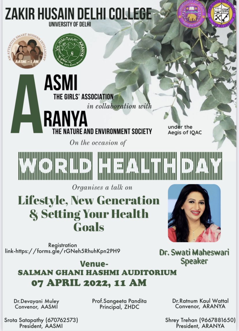 DrSwatiShow's tweet photo. Time comes when the complete ownership of Health should shift from our parents to US ,its the time to take charge &amp; responsibility of our own #health Excited to interact with youngsters at #ZakirHussain #college on #WorldHealthDay #lifestyle #adolescents #aasmi #aranya https://t.co/v62lzvHipf