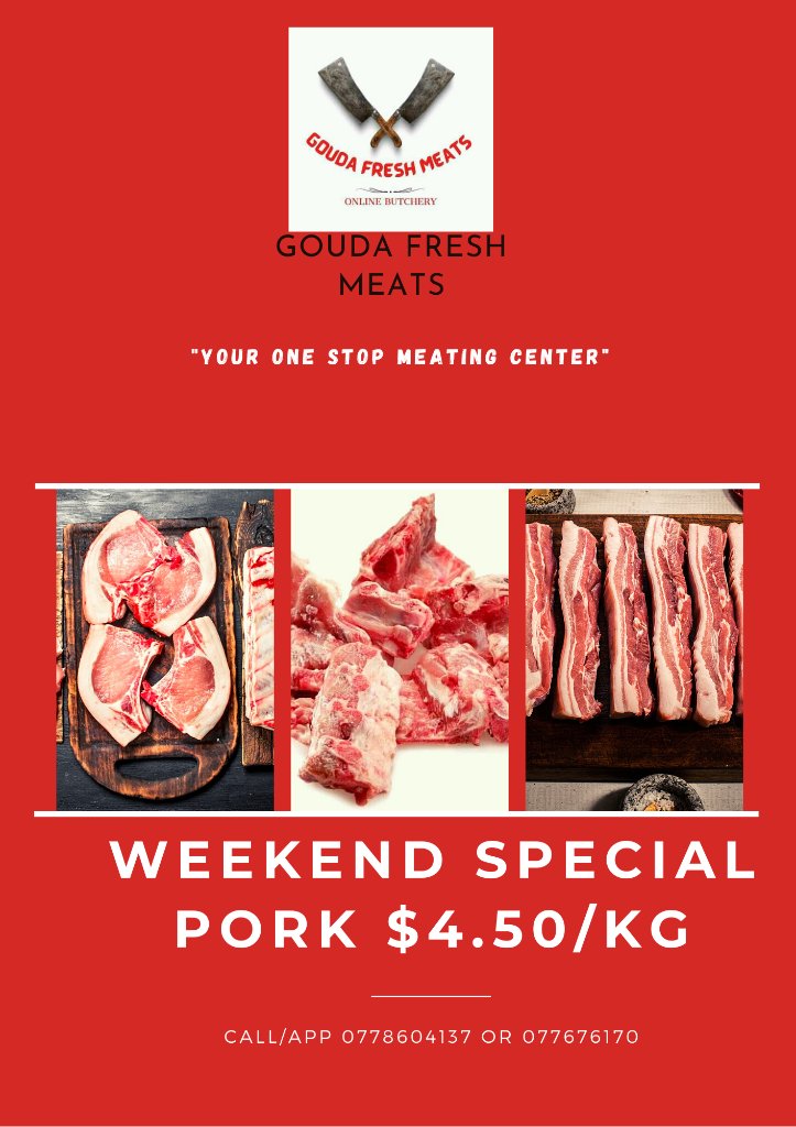 MeatsGouda's tweet photo. #ANYTIME, #WHEREVER, #WHENEVER, #HOWEVER We will continue to deliver your favorite pork to your doorstep around Harare for FREE.

Mixed Pork Cuts....$4.50/kg
Trotters................$3.50/kg
Pork Bones ..........$3.50/kg

Call/App 0778604137 https://t.co/MEUhvwnHDU
