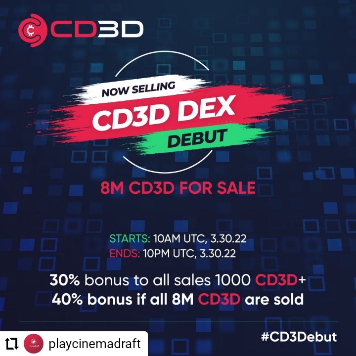 Onyibless4's tweet photo. Cinemadraft,this is LLC it does not have ways on how CD3D contract works after it has lounched, CD3D smart contract does not offer or promise a rate of return is for entertainment only .
#Dfs #Defi #Dexsale #CD3Debut https://t.co/IILXBf5UiK