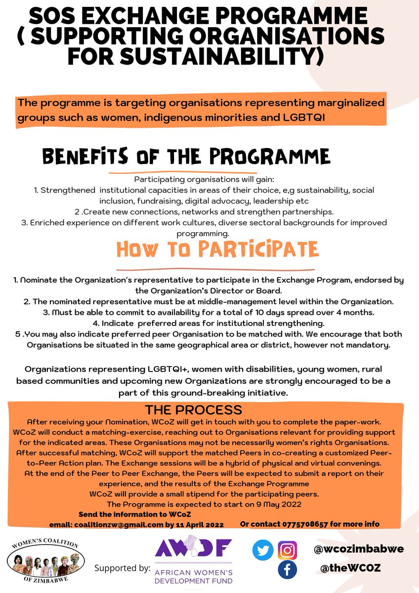 WCOZIMBABWE's tweet photo. OPPORTUNITY ALERT 📢📢📢

WCoZ is launching a SOS Peer to Peer Women’s Rights Organisations Exchange Programme, aimed at supporting organisations for sustainability through institutional capacity strengthening in various areas. 
@awdf01 https://t.co/C6hJoMgJjz
