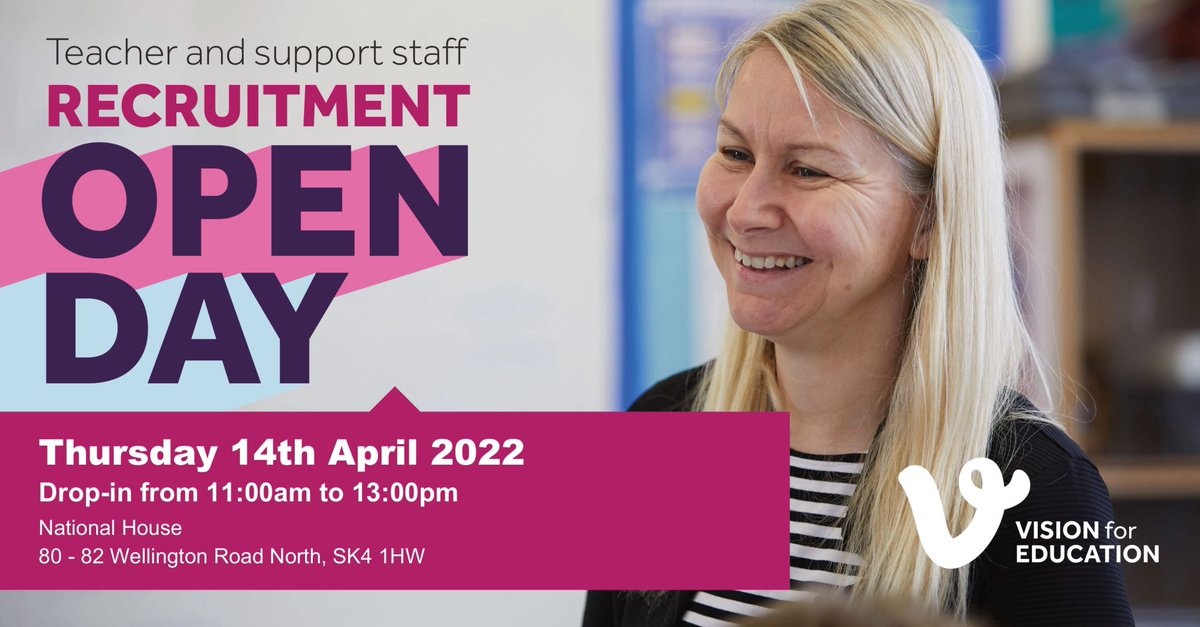 <a href="/VisionForEd/">Vision for Education</a> are hosting an OPEN DAY in #Stockport on Thursday 14th April 11am- 1pm. Drop in for a chat about how we can help you secure your next role in #education 
For more information and to book an appointment, call the Manchester branch on 0161 641 3743📞