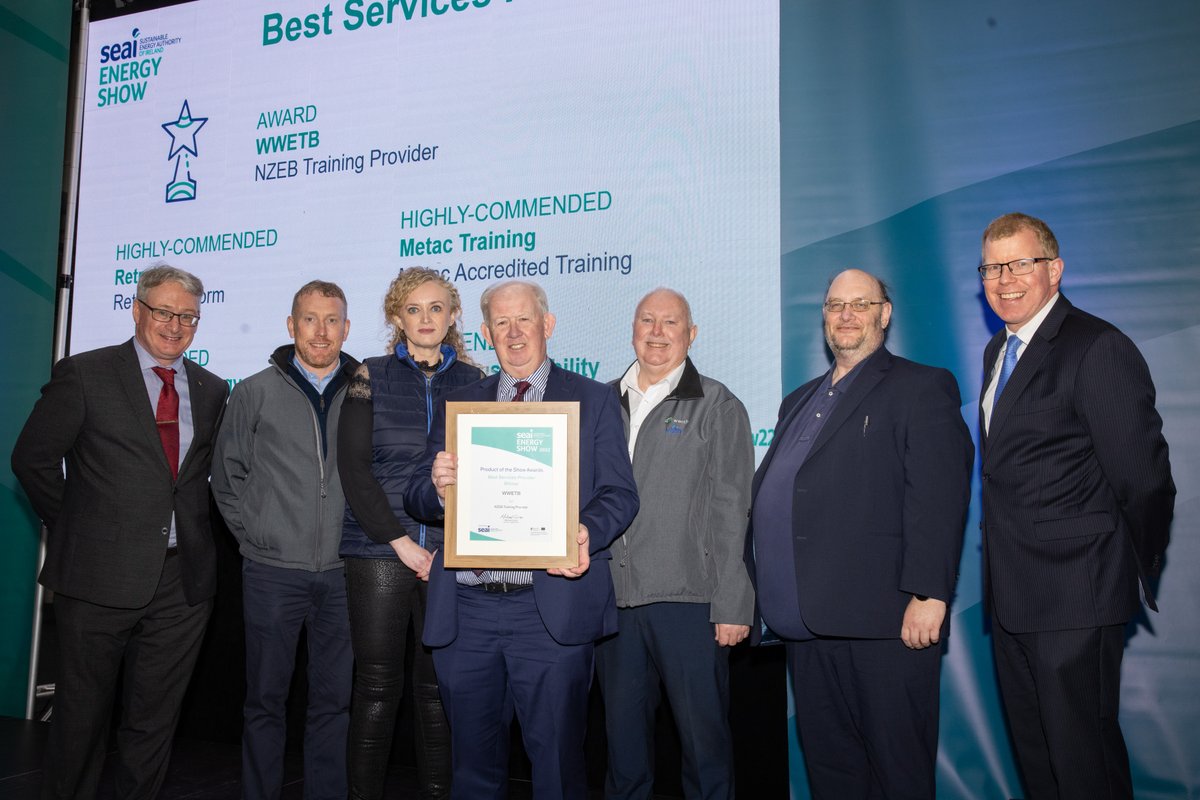 ETBIreland's tweet photo. Well done to the @WWETBofficial team: their #NZEB (Nearly Zero Energy Buildings) Training Courses were awarded Overall Product of The Show AND Best Service Provider at the recent @SEAI_ie  Green Energy 2022 Awards @ #EnergyShow22 #GreenFET #GreenSkills #ETBStrongerTogether https://t.co/ar44fnBj67