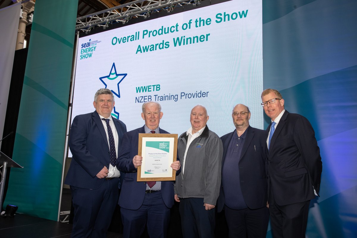 ETBIreland's tweet photo. Well done to the @WWETBofficial team: their #NZEB (Nearly Zero Energy Buildings) Training Courses were awarded Overall Product of The Show AND Best Service Provider at the recent @SEAI_ie  Green Energy 2022 Awards @ #EnergyShow22 #GreenFET #GreenSkills #ETBStrongerTogether https://t.co/ar44fnBj67