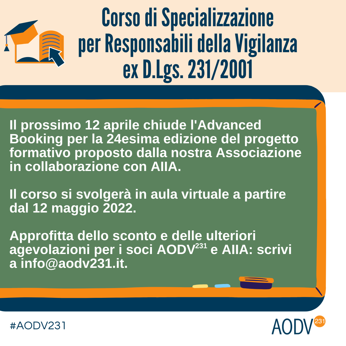 aodv231's tweet image. Ultima settimana per sfruttare l’opzione #AdvancedBooking per iscriversi al Corso di Specializzazione per Responsabili della Vigilanza ex D.Lgs. 231/2001, organizzato congiuntamente da #AODV231 e #AIIA | Knowledge, Formazione e Audit Tutoring
aodv231.it/aodv231/corso-…