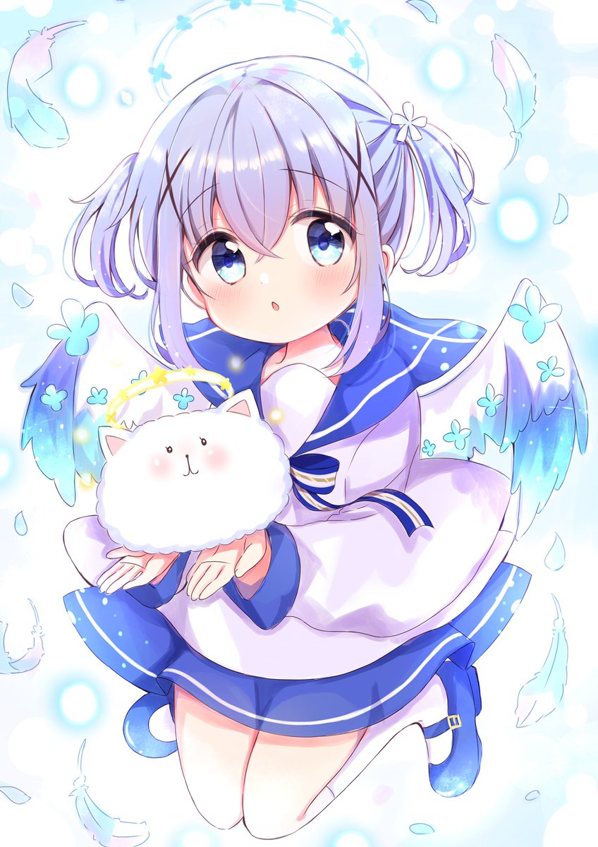 kafuu chino ,tippy (gochiusa) 1girl angora rabbit blue eyes wings halo blue footwear feathered wings  illustration images