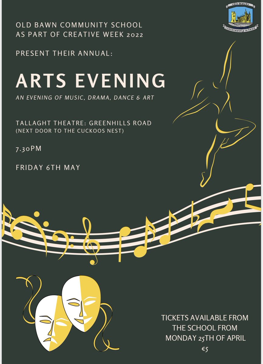 OldBawnCS's tweet image. 🎭Exciting news! As part of our #CreativeWeek this year in Old Bawn we are delighted to announce the return of our Arts Evening! 
🎶 We are moving it to a larger venue,the newly opened @TallaghtTheatre . 
🎤 Tickets will be on sale from Monday 25th April €5.#Tallaght #Arts