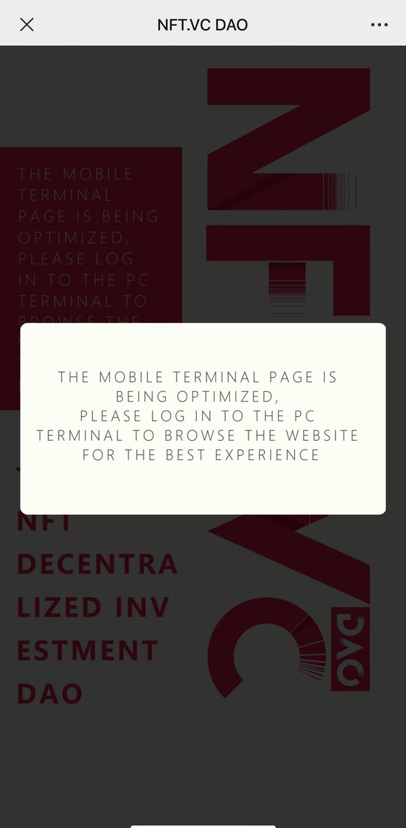 nftvcdao's tweet photo. The Mobile Terminal page is being optimized,
Pls log in to the treminal to the PC terminal to browse the website for the best experience
#NFT #Azuki #CultDao https://t.co/BH18Y5dIQY