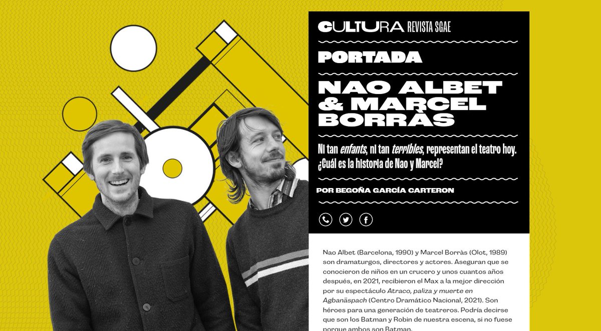 sgaeactualidad's tweet photo. 🎭Aprovechamos la charla de Nao Albet este viernes en el @CaixaForum de Palma para recomendarte el reportaje que @begopress le ha hecho a él y a su socio creativo @marcelborrasarg en #CulturaRevistaSGAE. 
¡Descubre su historia! 👇
https://t.co/SrulXVPObU https://t.co/D2amIQdpTf
