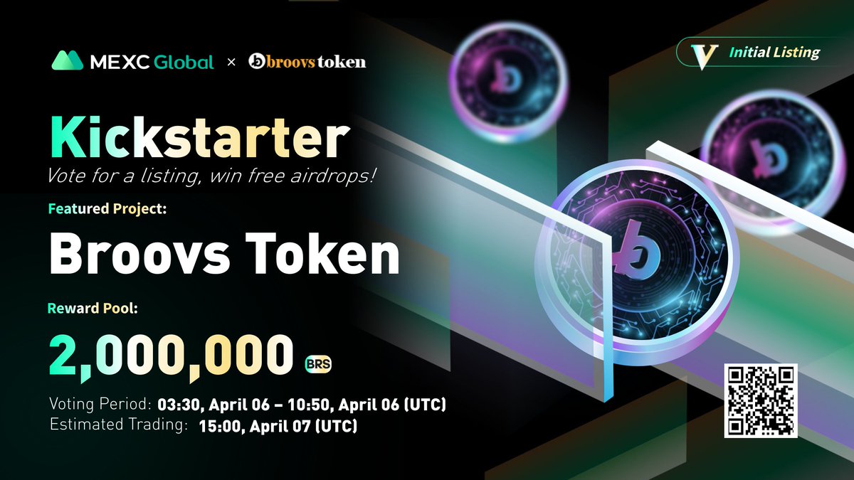 Presenting the new #Kickstarter session with @BroovsProject
 
🗳Vote with $MX to get $BRS listed and share 2,000,000 $BRS
⏰Period: 03:30 - 10:50 Apr 6 (UTC)
📈Trading: 15:00 Apr 7 (UTC)

Details: bit.ly/3DI2kEv

💚Sign up: bit.ly/3uemwLl

#Broovs #MEXCGlobal