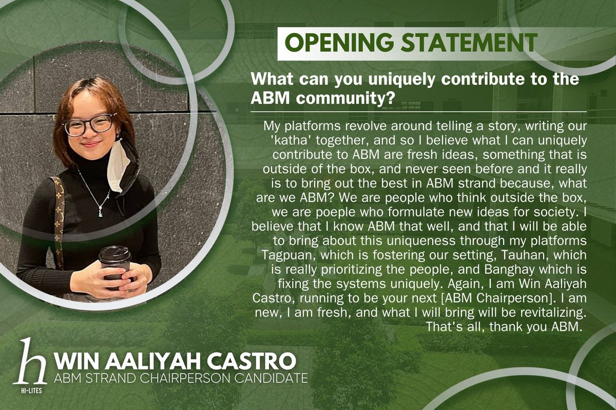 HiLitesASHS's tweet photo. Heads up, ABM juniors! 💚
ICYMI: Read the statements of the ABM Chair Candidates during the Miting de Avance held yesterday, April 4, 2022. (1/8)
#ASecondLook🔍
Pubmat by Justin Delas Armas and Jhane Hermano https://t.co/aAdc5bOjxs