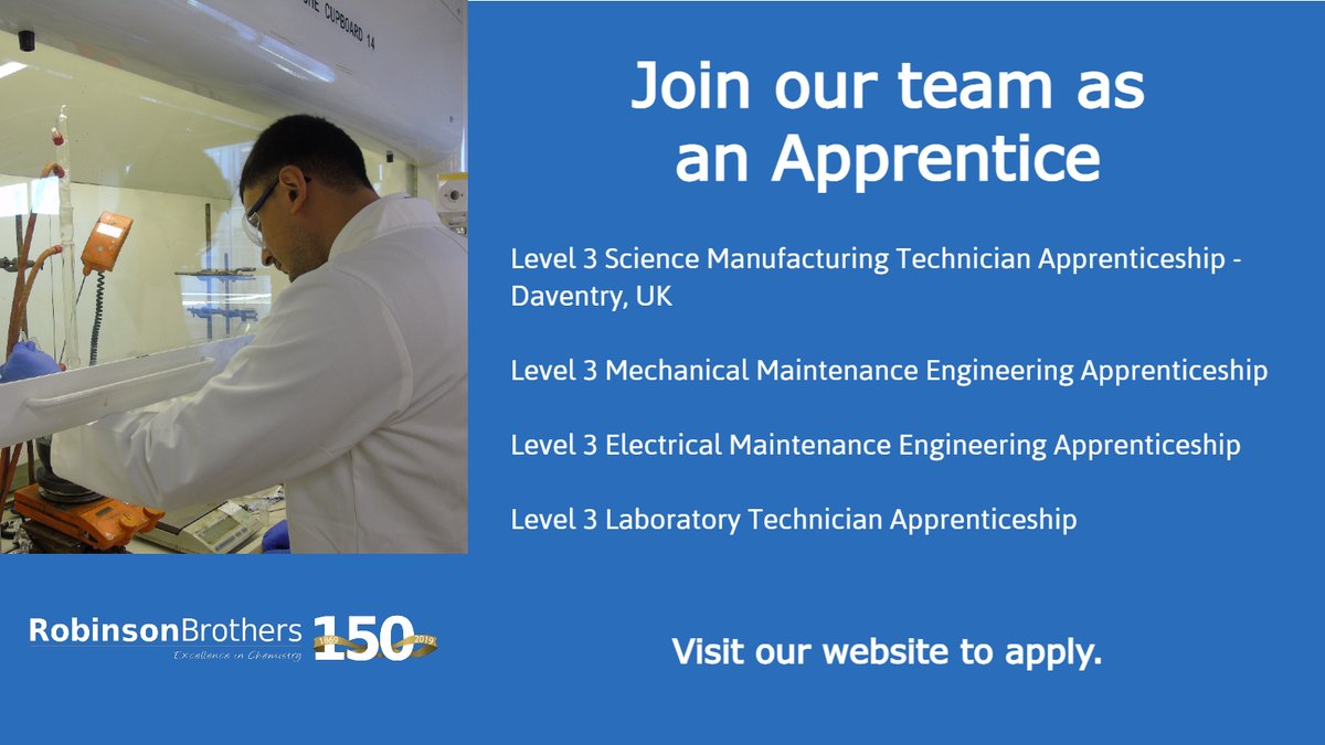 Latest #Apprenticeship schemes at Robinson Brothers: Engineering, Science Manufacturing and Laboratory Technician roles - click here for more information robinsonbrothers.uk/about-us/caree…

#Apprentices #ukmanufacturingjobs #engineeringjobs #sciencejobs