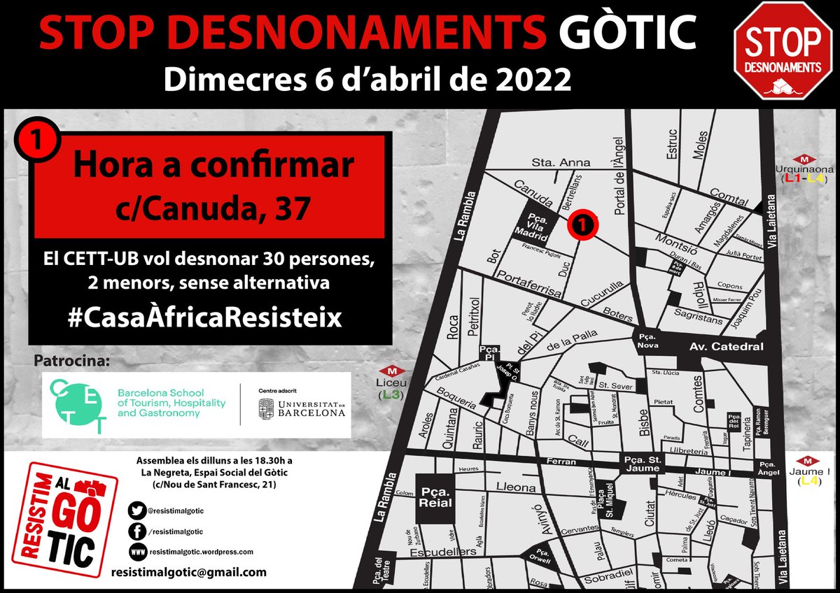 resistimalgotic's tweet photo. 📢 ALERTA MACRODESNONAMENT 📢

Demà, el @CETT_UB @MariaAbellanet volen desnonar 30 persones, la majoria migrants sense papers, sense alternativa.

És intolerable que un centre adscrit a la @UniBarcelona opti per desnonar abans que negociar.

L'aturarem! #CasaÀfricaResisteix https://t.co/5BxsdwXw88