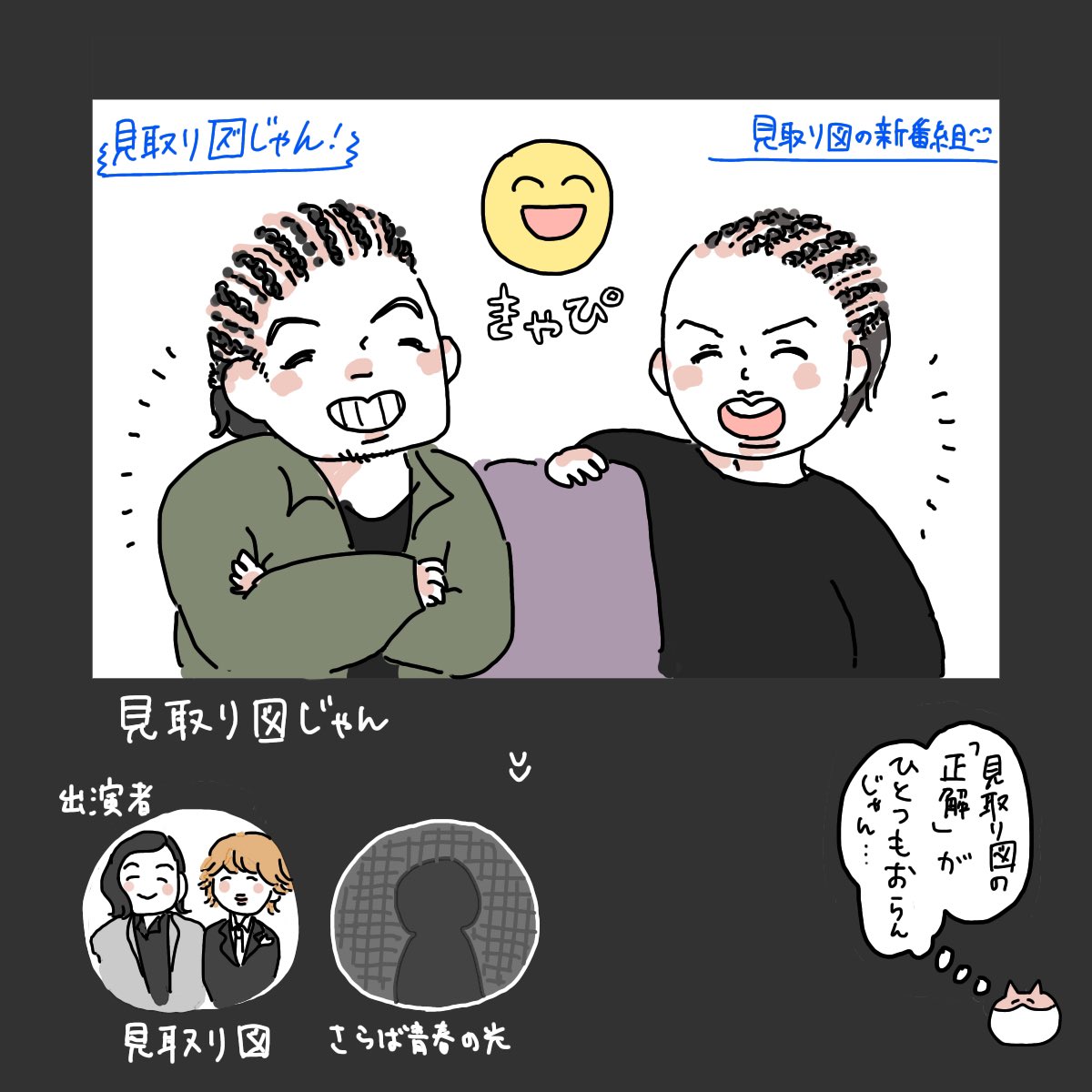 Tverで見取り図の番組観てたら番組通して髪型ずっとコーンロウだしTver登録の出演者写真がふた昔くらい前の写真で「今現在の正解のビジュアルの見取り図」が一切おらんくてちょっと混乱した
#見取り図じゃん 