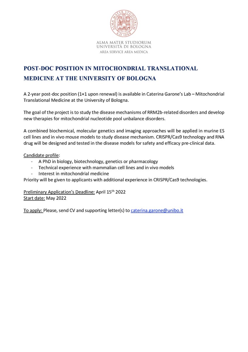 Caterina Garone (@caterina_garone) on Twitter photo OPEN POSITION in my lab. Info in the attachment.
Please, contact Prof.Caterina Garone: caterina.garone@unibo.it OPEN POSITION in my lab. Info in the attachment.
Please, contact Prof.Caterina Garone: caterina.garone@unibo.it