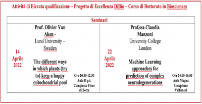 The Excellence Project has planned a set of seminars and short courses with visiting and international scientists for PhD students in Biosciences: 
April 14, 2022, Prof. O. Van Aken (Lund University, Sweden);
April 22, 2022, Dr. C. Manzoni  (University College London, UK).