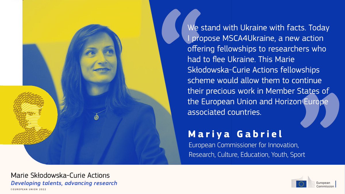 We #StandWithUkraine 🇺🇦, with facts. 

🔵🟡 Today, I proposed #MSCA4Ukraine, a new action offering fellowships to researchers who had to flee Ukraine. This @MSCActions fellowships scheme would allow them to continue their work in 🇪🇺 &amp; #HorizonEU associated countries. #ECYS ⤵️