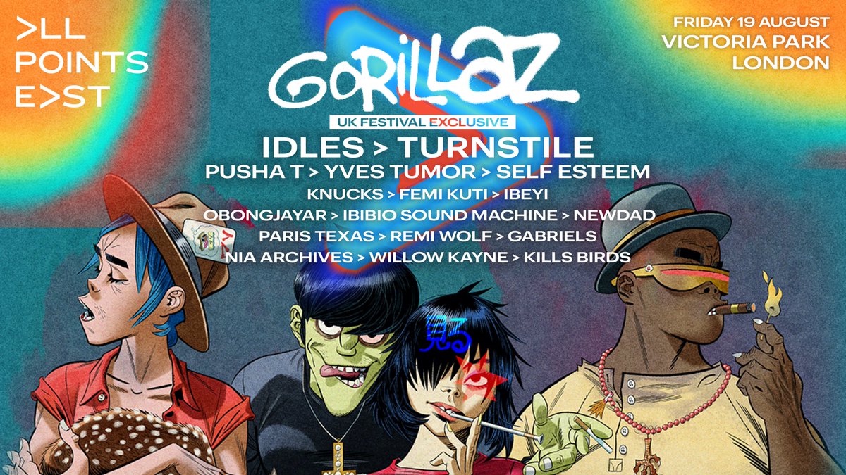allpointseastuk's tweet image. We're so happy to add some extremely exciting new names to Gorillaz, Friday 19 August, including Turnstile, Knucks, Ibeyi, and many more! 🌀🌀🌀

Tickets on sale now, with Payment Plans and Team Tickets available ❯ apefe.st/gorillaztix