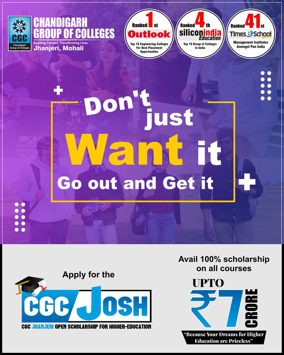 cgcuniversity's tweet photo. CGC Josh scholarship worth 7 crores and keep moving forward to chase your dreams. Do you know what’s best about it? You can avail 100% on all courses.
Apply now @ https://t.co/xgu8VHumXJ
#cgcj #collegelife #lifeatcgcj #admissionopen #studentlife #collegelife #admissionsopen2022 https://t.co/CqYaoO4Xr2