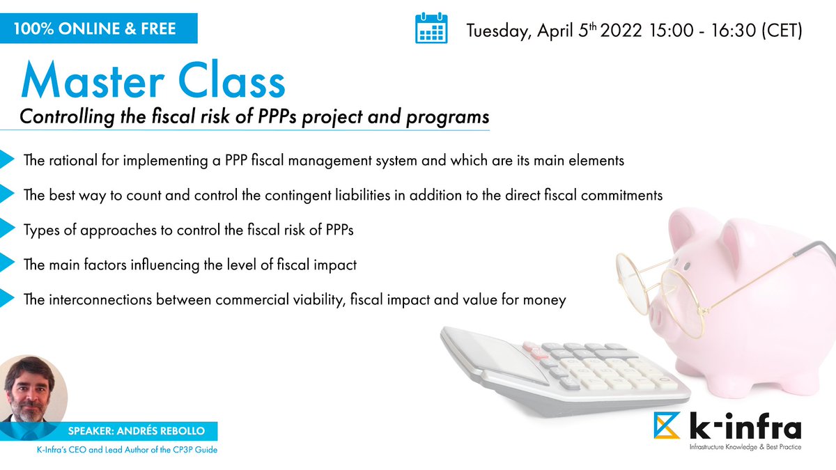K_Infra's tweet photo. Last call! Master Class on "Controlling the fiscal risk of PPP projects and programs" will take place today, April 5, from 15:00 to 16:30 (CET Time).

To participate you must register on the following link: https://t.co/JD7fXIsKme

Join our database: https://t.co/FnphsdF4XU https://t.co/rGQyg0Pk4t