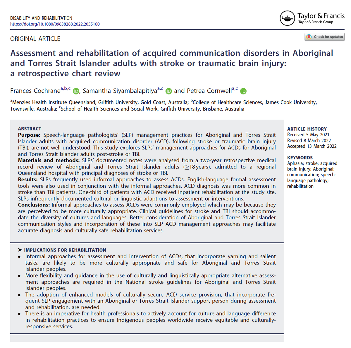 50 free eprints of this new paper from <a href="/Fran_SLP_ED/">Fran Cochrane</a>, myself and <a href="/Petrea_SP/">Petrea Cornwell PhD (she/her)</a> exploring SLP practices during rehabilitation of acquired communication disorders when working with Aboriginal &amp; Torres Strait Islander adults
tandfonline.com/eprint/GAHZ2IN…