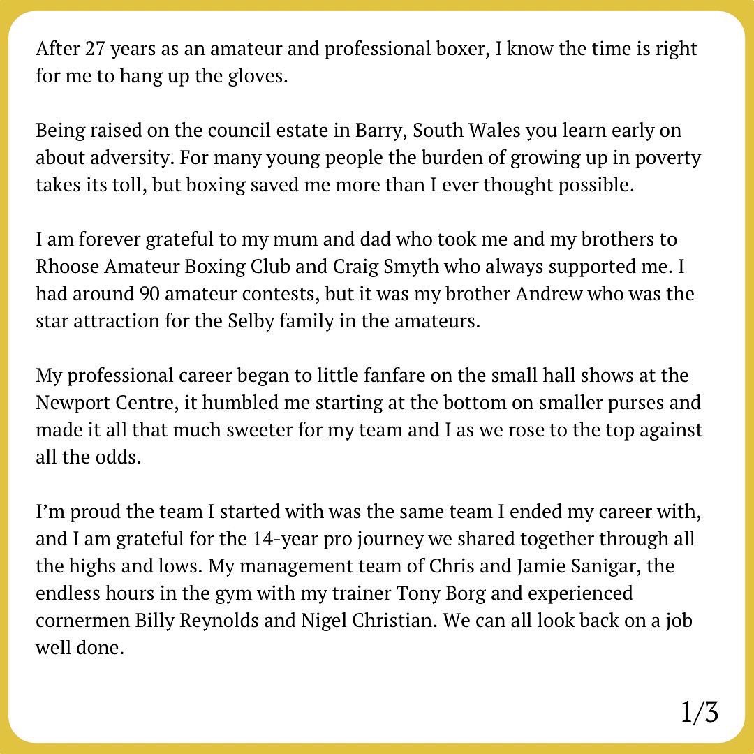 leeselby126's tweet photo. After 27 years of boxing it’s time to hang up the gloves. 

Welsh, Celtic, British, Commonwealth, European &amp; IBF World Champion. 

I exit the ring with no regrets, happy, healthy and my family financially secure. 

Thank you for all your support. 

https://t.co/7sgcokQZYZ https://t.co/0BKXCkIf4a