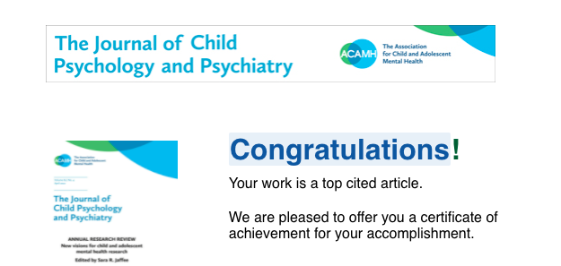 topic_group's tweet photo. We're delighted that @Cathy_Creswell @pollywaite & Jennie Hudson's paper on #Anxiety disorders in children & young people is a #topcitedarticle in @acamh #JCPP journal 👏👏
Read the full article here👇https://t.co/m1WY6pcNC2 https://t.co/KNNuh7tzbx
