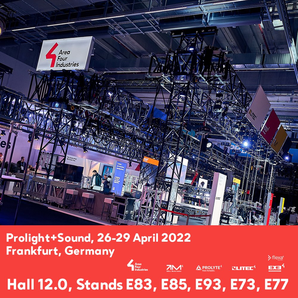 Area4Industries's tweet photo. AREA FOUR INDUSTRIES
It is our great pleasure to cordially invite you to the Prolight + Sound 2022 Exposition taking place between April 26-29 in Frankfurt, Germany.

You can find us at Booth E83, located at Hall 12.0 https://t.co/1PtWkk9Z30