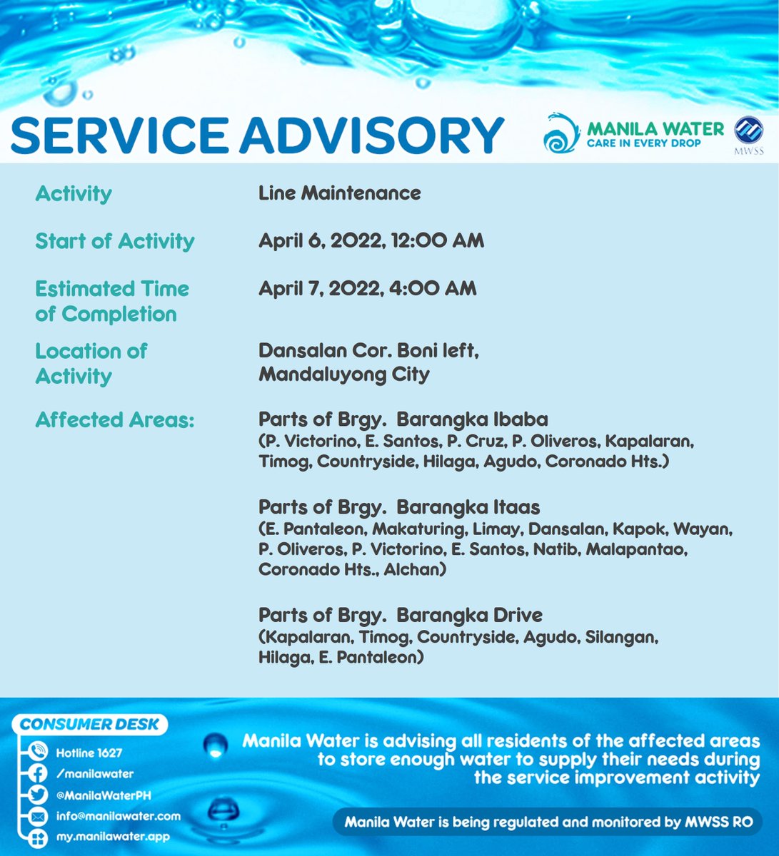 ManilaWaterPH's tweet photo. SERVICE ADVISORY: Schedule of maintenance activity from 12:00 AM to 4:00 AM, April 6, 2022 in Mandaluyong City.

For more information regarding these activities, visit https://t.co/7ybX1L9osd.

Manila Water is being regulated and monitored by @mwssro https://t.co/48lMm47x6O