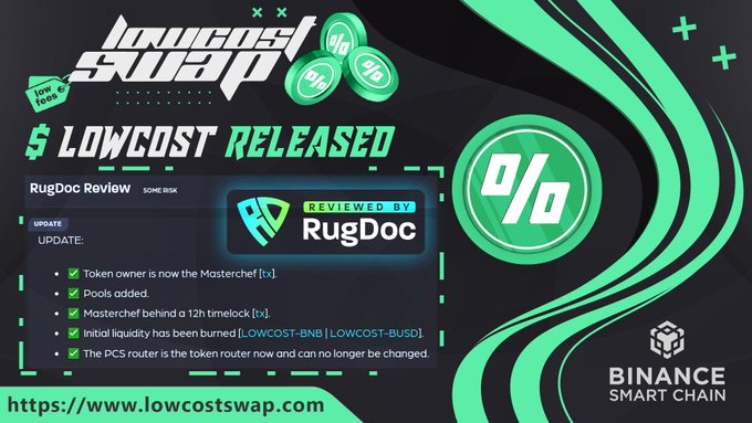 LowcostSwap's tweet photo. https://t.co/okHIAoI8go
Let´s Talk: https://t.co/eprOzcjmZx

✅Reviewed By Rugdoc
https://t.co/8qIfB8udbj

BUY $Lowcost here:
https://t.co/sEcYotyQop

#tokenlaunch #BSCGem #BSC #DeFi #YieldFarming #lowmarketcap #passiveincome #hiddengem #cryptocurrency https://t.co/bSQ51rwuqB