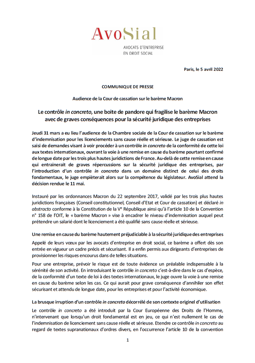 AvoSial's tweet photo. 🔴Communiqué de presse🔴Audience de la Cour de cassation sur le #barèmeMacron : le contrôle #inconcreto, une boite de #pandore qui fragilise le barème avec de graves conséquences pour la #sécuritéjuridique des #entreprises.
#droitdutravail #licenciement #indemnisation https://t.co/pqCjACVDUg