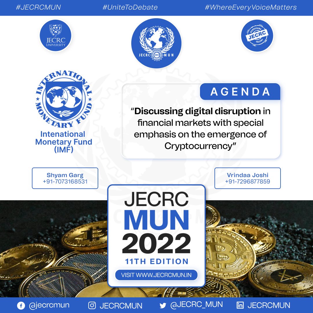 JECRC_MUN's tweet photo. Committees and Agendas of JECRC MUN 2022:
*Date: 7th - 8th MAY 2022*
Delegate Priority Registrations to be released soon.
#JECRCMUN #unitetodebate #whereeveryvoicematters #disec #UNSC #LokSabha #unitednations #cryptocurrency #RussianWarCrimes #centralvista #modelunitednations https://t.co/b4t30yadtk
