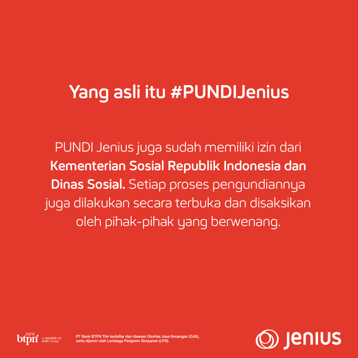 JeniusConnect's tweet photo. Program #PUNDIJenius memiliki izin dari Kementerian Sosial Republik Indonesia &amp; Dinas Sosial, lho. Pengumuman pemenang program PUNDI Jenius hanya diumumkan secara resmi di https://t.co/boWJiLXlTu ya! https://t.co/A1EUqd47T4