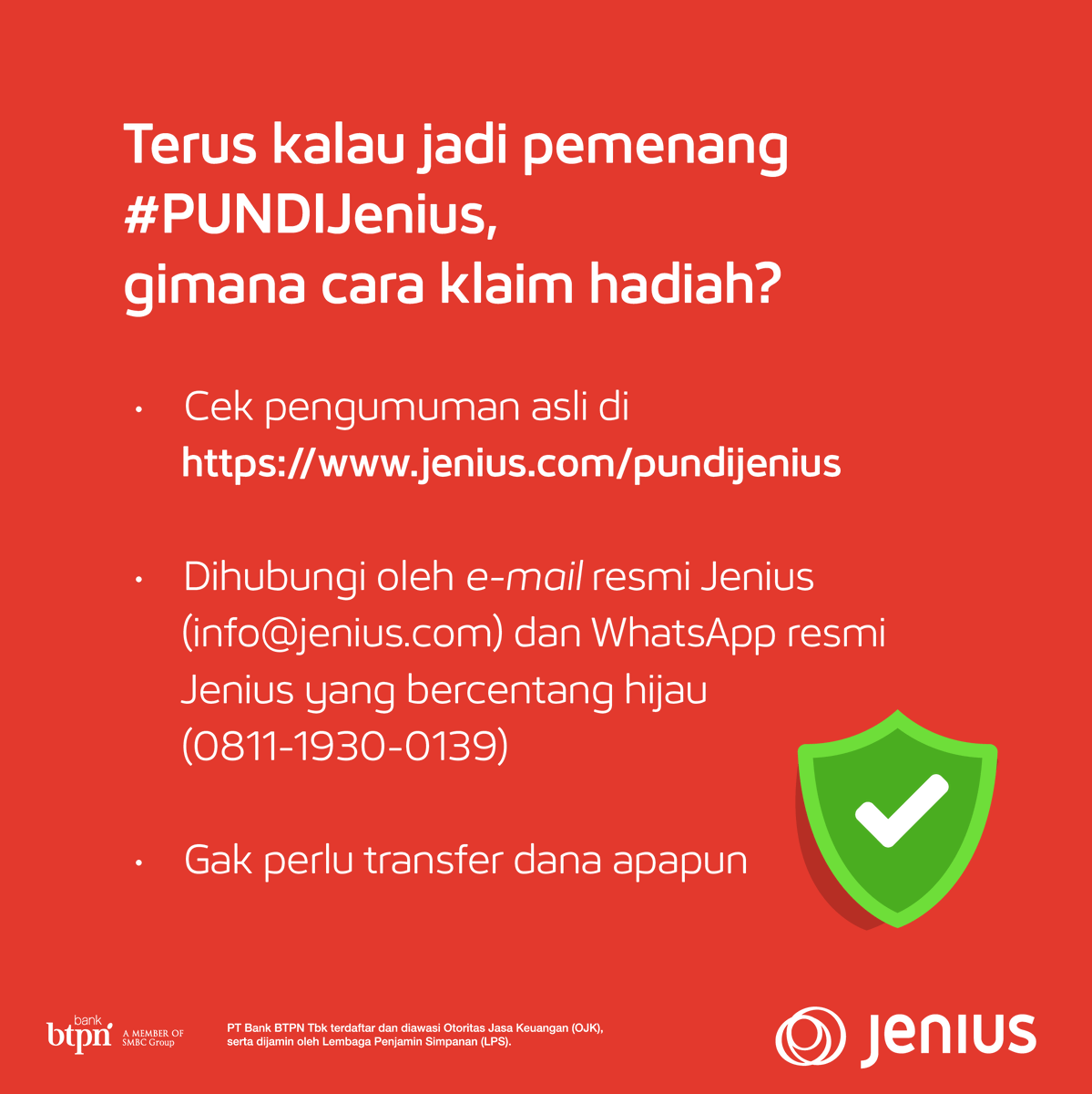JeniusConnect's tweet photo. Program #PUNDIJenius memiliki izin dari Kementerian Sosial Republik Indonesia &amp; Dinas Sosial, lho. Pengumuman pemenang program PUNDI Jenius hanya diumumkan secara resmi di https://t.co/boWJiLXlTu ya! https://t.co/A1EUqd47T4