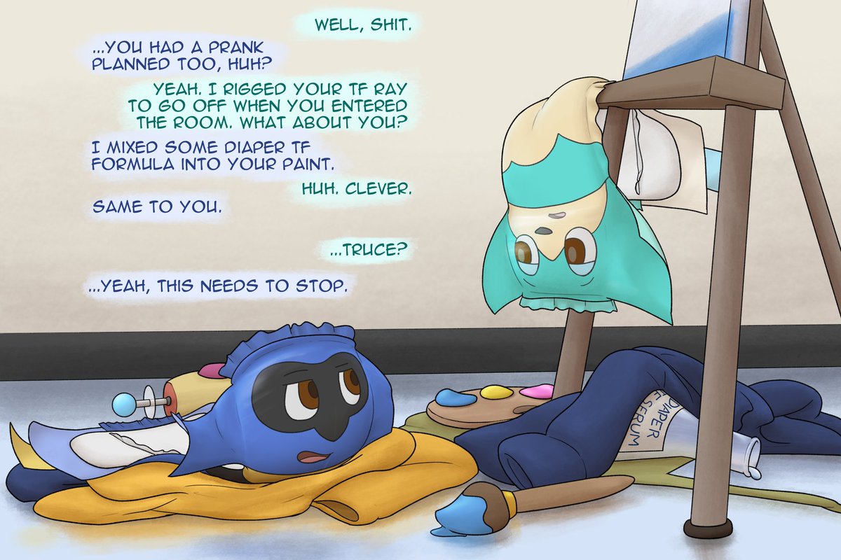 RandyTheRiolu's tweet photo. "If we keep turning each other into diapers, we're gonna keep getting stuck like this."

"Yeah. We need to find some other people to pampify..."

(It took us several days to turn back to "normal" after this.) https://t.co/vvkUyK4cAM