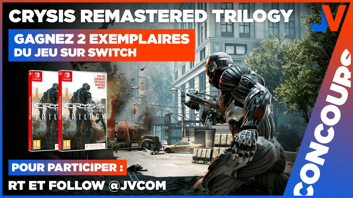 JVCom's tweet photo. 🔴🥳🎁 CONCOURS CRYSIS REMASTERED TRILOGY – SWITCH 🎁🥳🔵

Pour la sortie de Crysis Remastered Trilogy sur Switch, on vous fait gagner 2 exemplaires du jeu avec @KochMediaFR ! #sponso

🎉RT + Follow @JVcom🎉

🥳2 gagnants🥳

Fin le 11/04 à 14h : https://t.co/cQMEe5NUpa https://t.co/3TACmTJqbt
