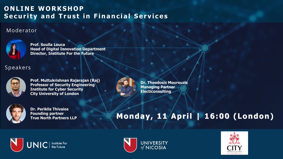 Online Workshop on Security and Trust in Financial Services organized in collaboration with <a href="/CityUniLondon/">Anna</a>  
Join us on April 11, 2022, at 16:00 (London time)
Find out more - bit.ly/3DmGVAh