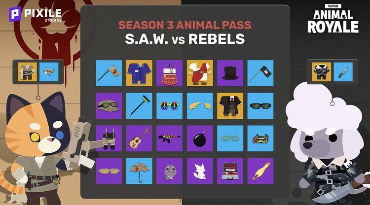 Season 3 und der neue S.A.W. vs. Rebellion Modus erscheinen morgen um 7:00 Uhr!

Hier ist eine Vorschau von einen Paar kosmetischen Gegenständen im Animal Pass✨