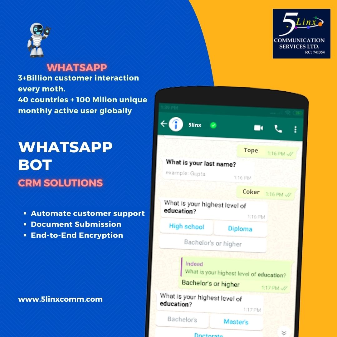 5linxcomm_'s tweet photo. WhatsApp facilitates over 3 billion customer interaction monthly and records over 100 million active users globally. This is why Businesses and Organisations leverage the platform as CRM for wider reach, customer support, and ease of business. 

#CRM #bot  #automation #5linxcomm https://t.co/XwKRcABFAg